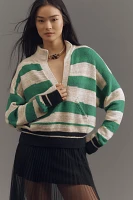 Pilcro Plunging V-Neck Rugby Stripe Collared Pullover Sweater