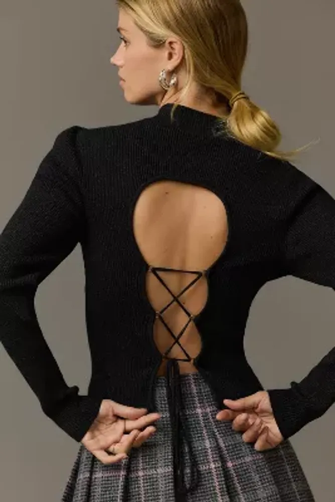 By Anthropologie Mock-Neck Lace-Up Open Back Sweater