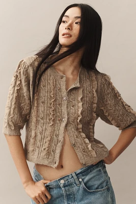 Maeve Short-Sleeve Embellished Ruffled Cardigan Sweater