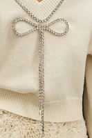 Flat White Embellished Bow V-Neck Sweater