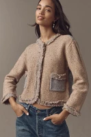 Lingua Franca Onassis Fringed Tweed Cardigan Sweater