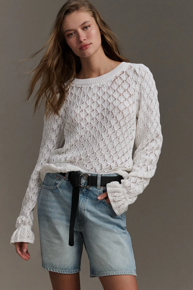 By Anthropologie Flounce-Hem Pointelle Sweater