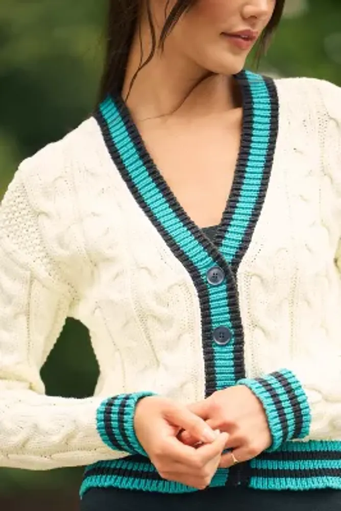 Maeve Varsity Cable-Knit Cardigan Sweater
