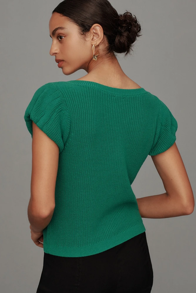 Maeve Puff-Sleeve V-Neck Sweater Tee