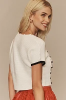 Maeve Short-Sleeve Cropped Asymmetrical Button Sweater