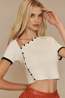 Maeve Short-Sleeve Cropped Asymmetrical Button Sweater