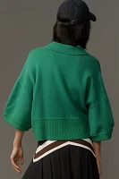 Maeve Elbow-Sleeve Compact Collared V-Neck Sweater