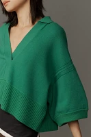 Maeve Elbow-Sleeve Compact Collared V-Neck Sweater