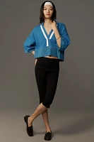 Maeve Elbow-Sleeve Compact Collared V-Neck Sweater