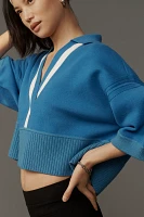 Maeve Elbow-Sleeve Compact Collared V-Neck Sweater