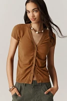 By Anthropologie Cardigan Ruched Short-Sleeve V-Neck Sweater