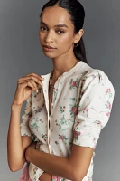 By Anthropologie Cotton Cashmere Puff-Sleeve Crew-Neck Cardigan Sweater