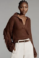 En Elly Collared V-Neck Fringe Sweater