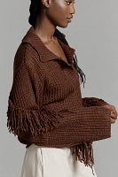 En Elly Collared V-Neck Fringe Sweater