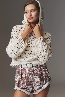 By Anthropologie Boxy Crochet Hooded Sweater