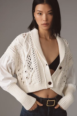 By Anthropologie Balloon-Sleeve Twofer Cable-Knit Cardigan Sweater