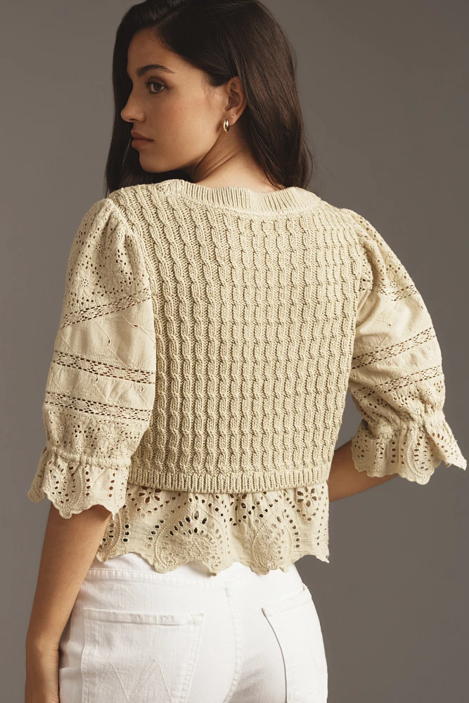 By Anthropologie Short-Sleeve Lace Peplum Sweater