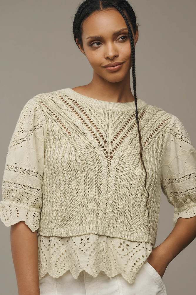 By Anthropologie Short-Sleeve Lace Peplum Sweater