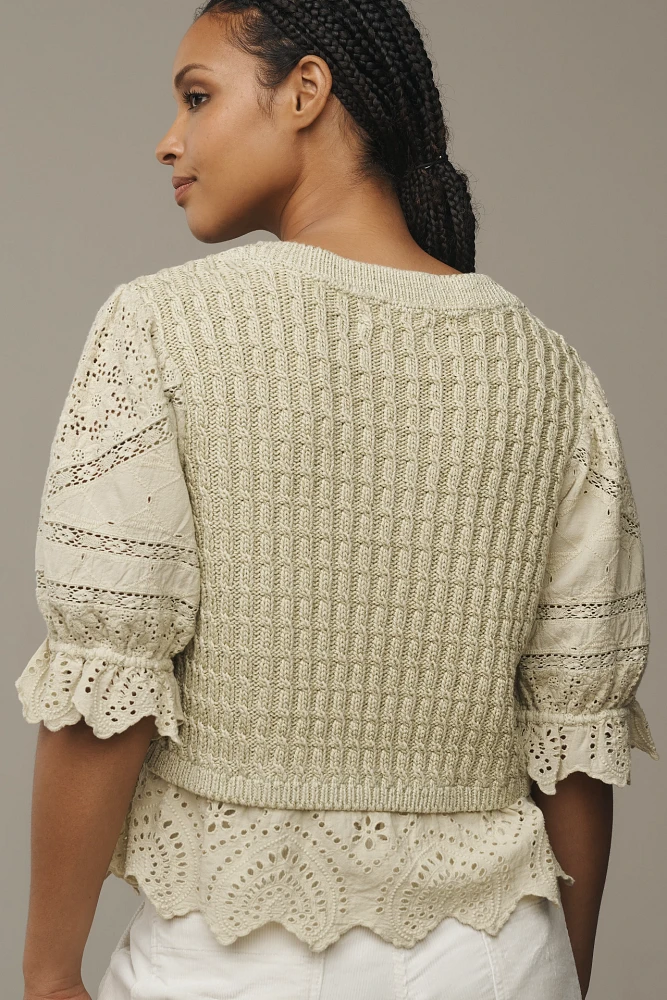 By Anthropologie Short-Sleeve Lace Peplum Sweater