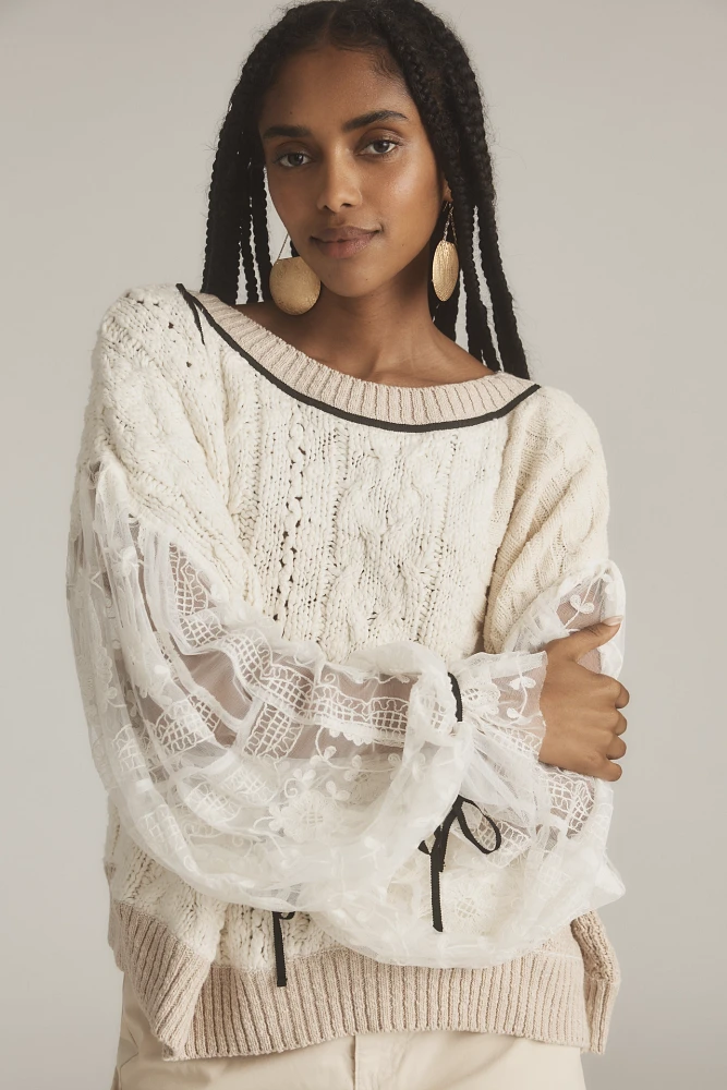 By Anthropologie Lace Cable Twofer Sweater