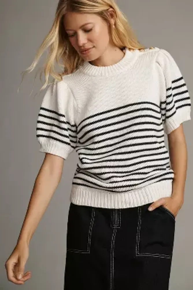English Factory Puff-Sleeve Striped Sweater