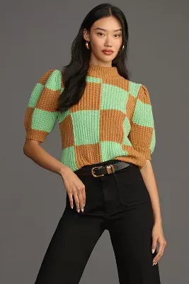 English Factory Short-Sleeve Checkered Sweater
