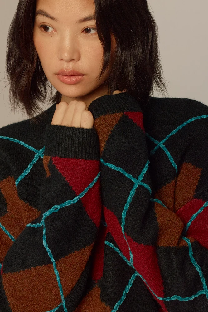 English Factory Fuzzy Argyle Crew-Neck Sweater