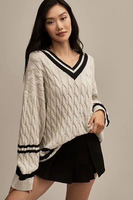 Moon River Striped V-Neck Cable-Knit Sweater