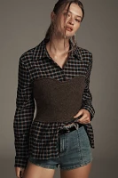 Self Contrast Plaid Buttondown Twofer Corset Sweater Top