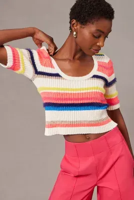 Maeve Short-Sleeve Multi-Stripe Eyelash Sweater
