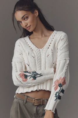 Pilcro Oversized Embroidered Cable-Knit Sweater