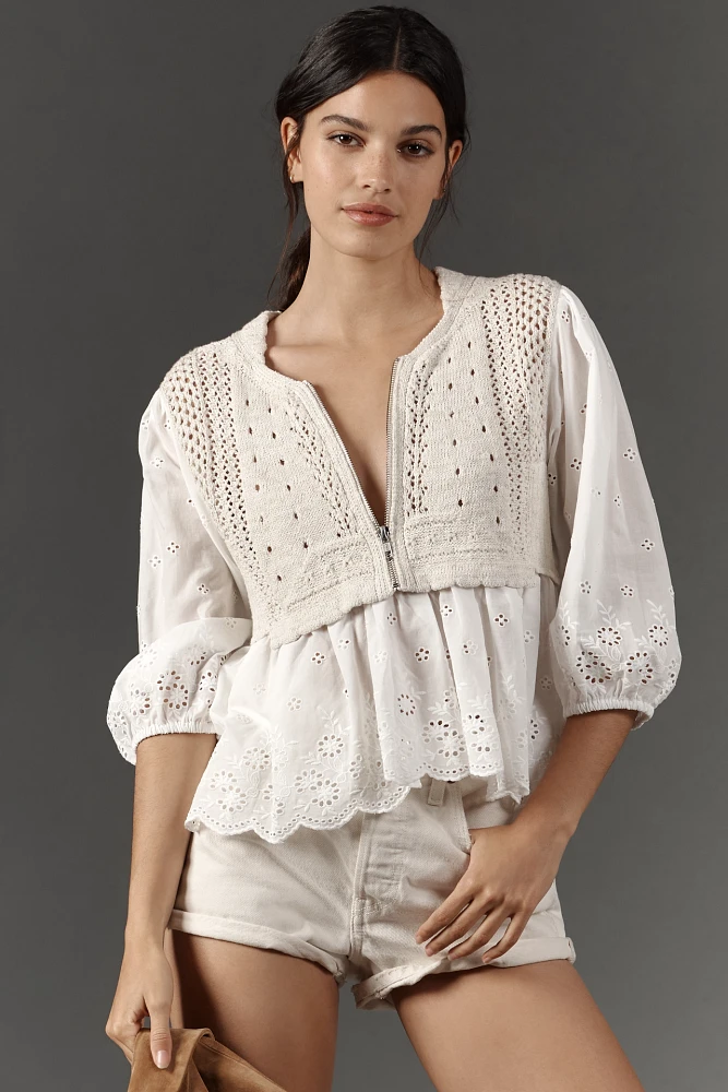 By Anthropologie Half-Zip Sweater Vest Eyelet Blouse