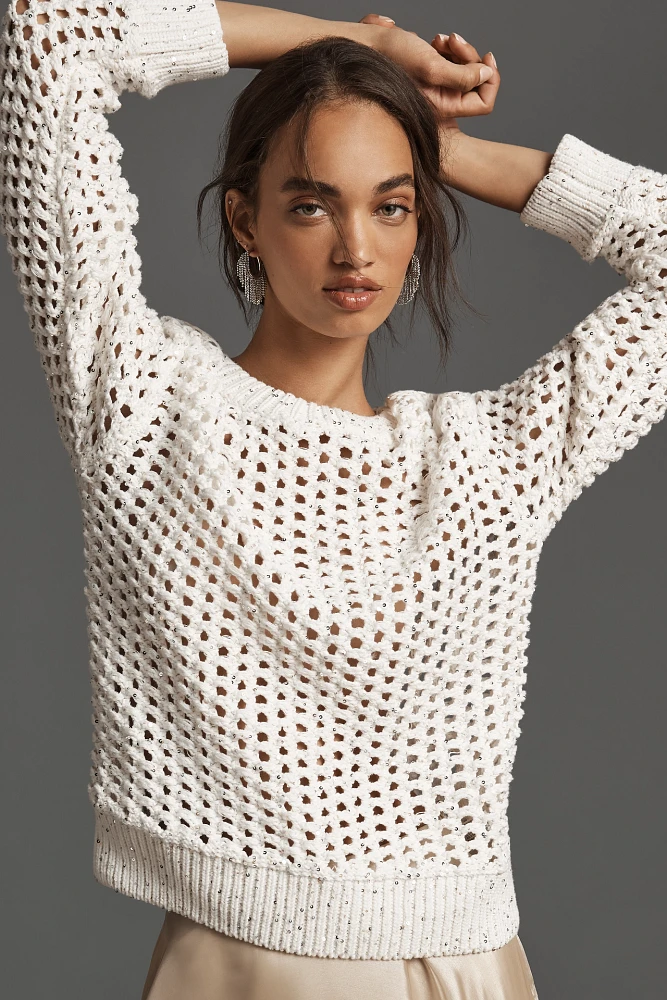 Endless Rose Crew-Neck Sequin Open-Stitch Sweater