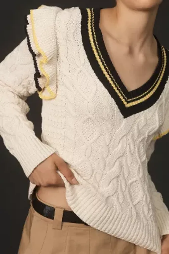 Maeve Ruffle V-Neck Cable Sweater