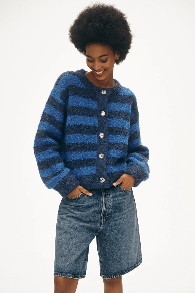 FRNCH Crew-Neck Stripe Bouclé Cardigan Sweater