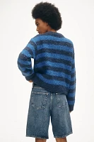 FRNCH Crew-Neck Stripe Bouclé Cardigan Sweater