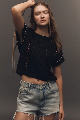 Central Park West Short-Sleeve Crew-Neck Open-Stitch Sweater