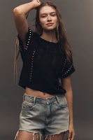 Central Park West Short-Sleeve Crew-Neck Open-Stitch Sweater