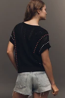 Central Park West Short-Sleeve Crew-Neck Open-Stitch Sweater
