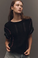 Central Park West Short-Sleeve Crew-Neck Open-Stitch Sweater