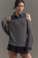 En Saison Off-Shoulder Sweater & Collared Shirt Twofer Top