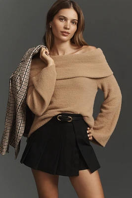 Flat White Off-The-Shoulder Long-Sleeve Foldover Sweater