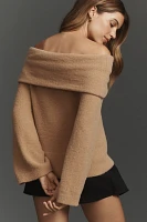 Flat White Off-The-Shoulder Long-Sleeve Foldover Sweater