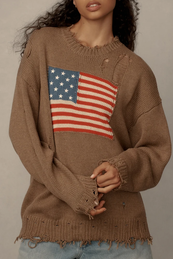 Denimist Crew-Neck American Flag Distressed Sweater