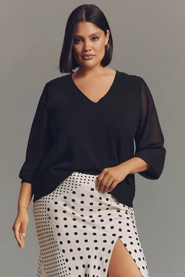 Eloquii Plus Chiffon-Sleeve V-Neck Sweater
