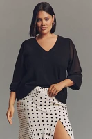 Eloquii Plus Chiffon-Sleeve V-Neck Sweater