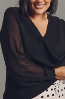 Eloquii Plus Chiffon-Sleeve V-Neck Sweater