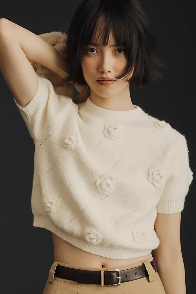 MABLE Short-Sleeve Rosette Sweater