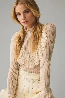 By Anthropologie Sheer Ruffle Sweater