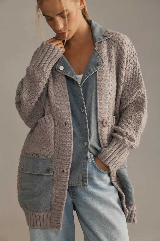 Another Mode Denim Patchwork Twofer Cardigan Sweater